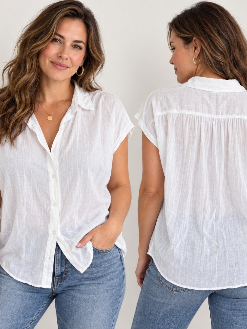 GAP White Button Front Blouse Size L Coastal Casual Minimalist Cottagecore